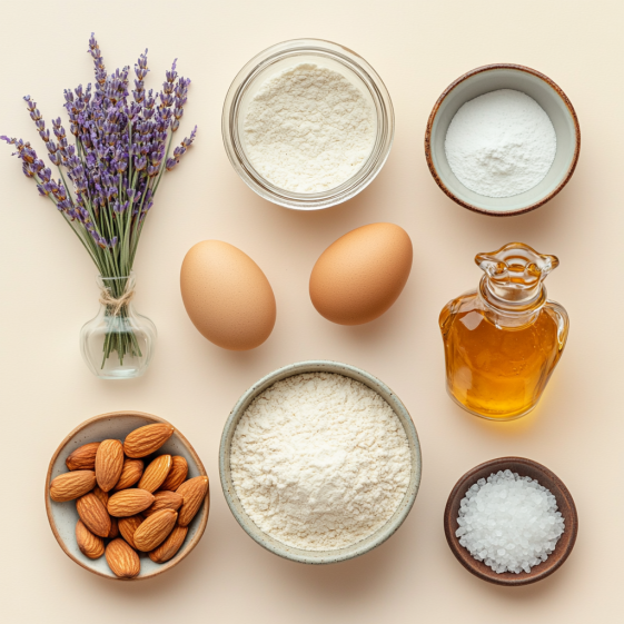 Fresh ingredients for almond powder cake: almond flour, eggs, honey, vanilla, and more