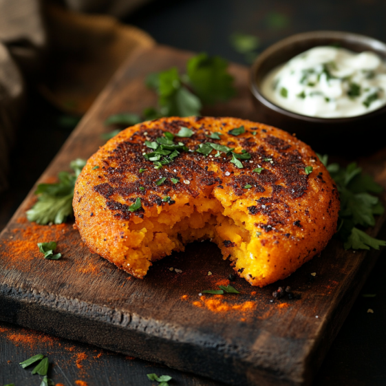 Golden crispy baked sweet potato patties with herbs and yogurt dip