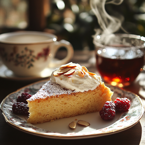 Slice of almond powder cake with whipped cream and berries on a plate