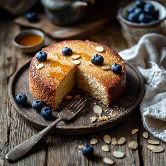 Moist almond powder cake slice with honey, blueberries, and almond flakes on a rustic table