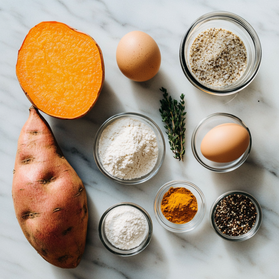 Ingredients for homemade Sweet Potato Patties: sweet potato, almond flour, egg, spices