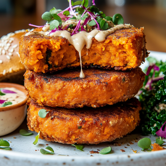 Stack of crispy Sweet Potato Patties with spicy mayo and greens