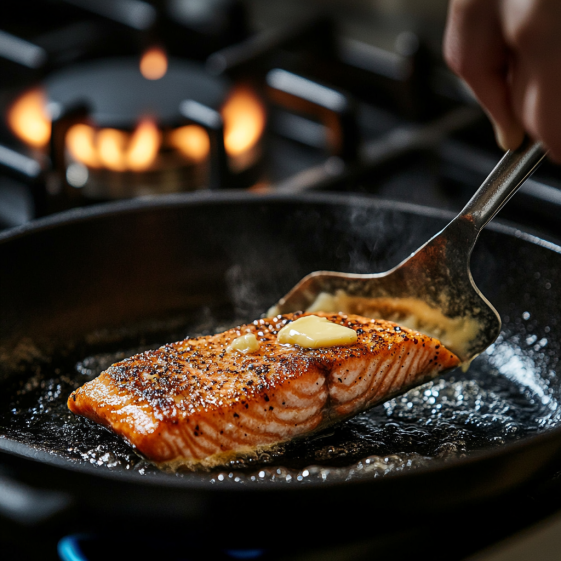 Chef’s hand flipping a salmon steak in a sizzling cast-iron skillet with melted butter.