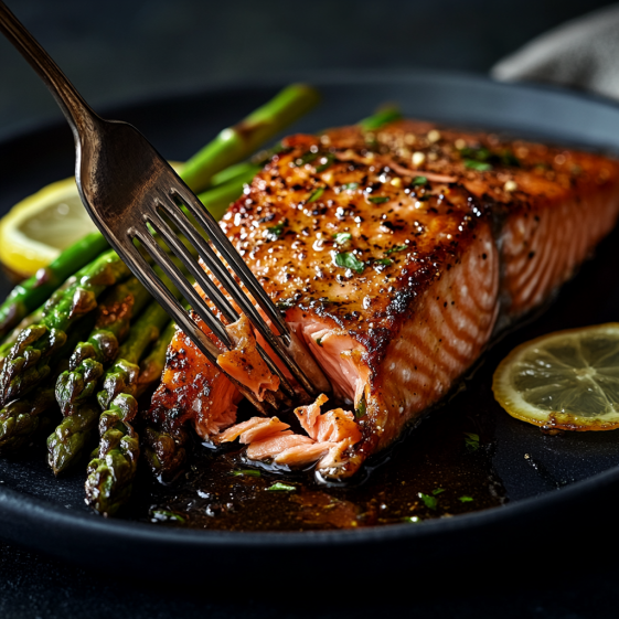 Fork pulling apart tender, medium-rare salmon steak recipe with roasted asparagus on the side.
