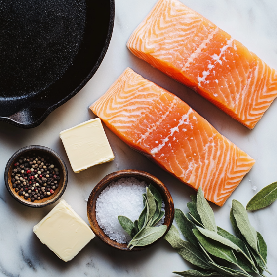 Fresh salmon steaks, sea salt, black pepper, sage, and butter arranged on a marble counter.