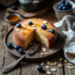 Moist almond powder cake slice with honey, blueberries, and almond flakes on a rustic table