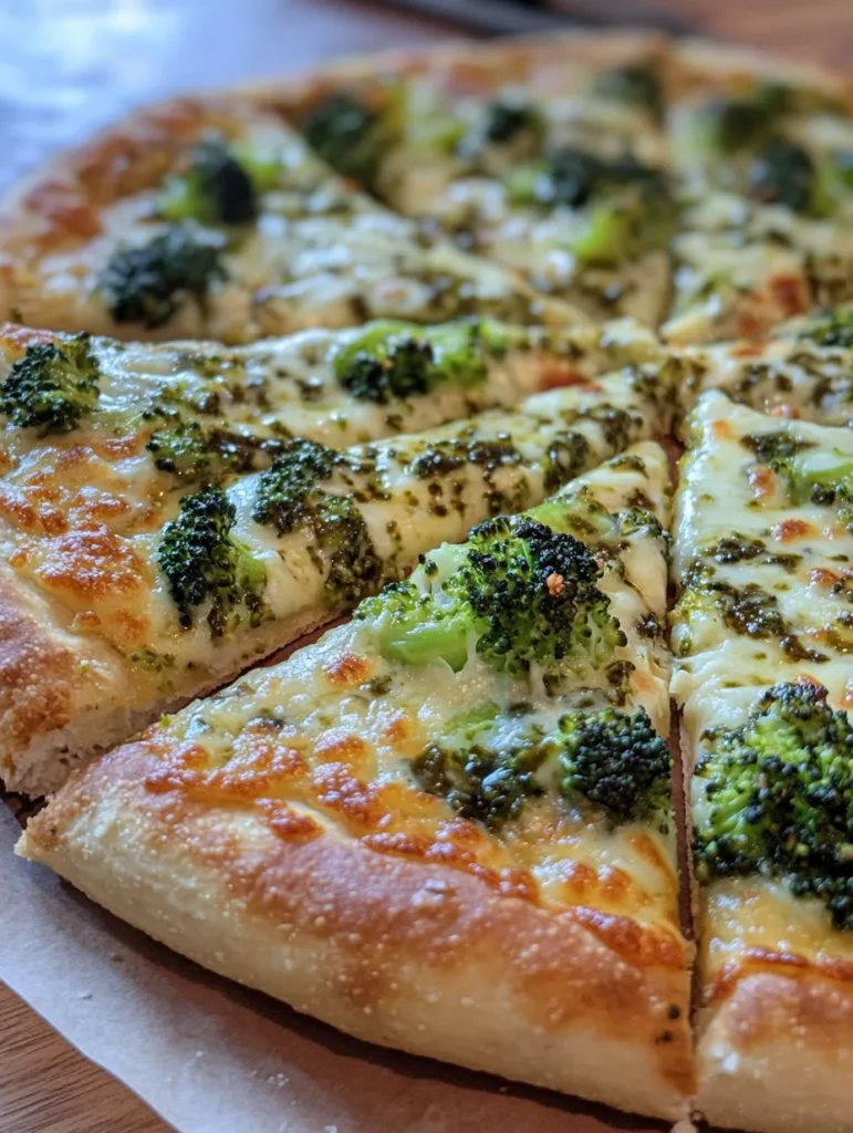 Broccoli pizza with golden crust and melted mozzarella cut into slices