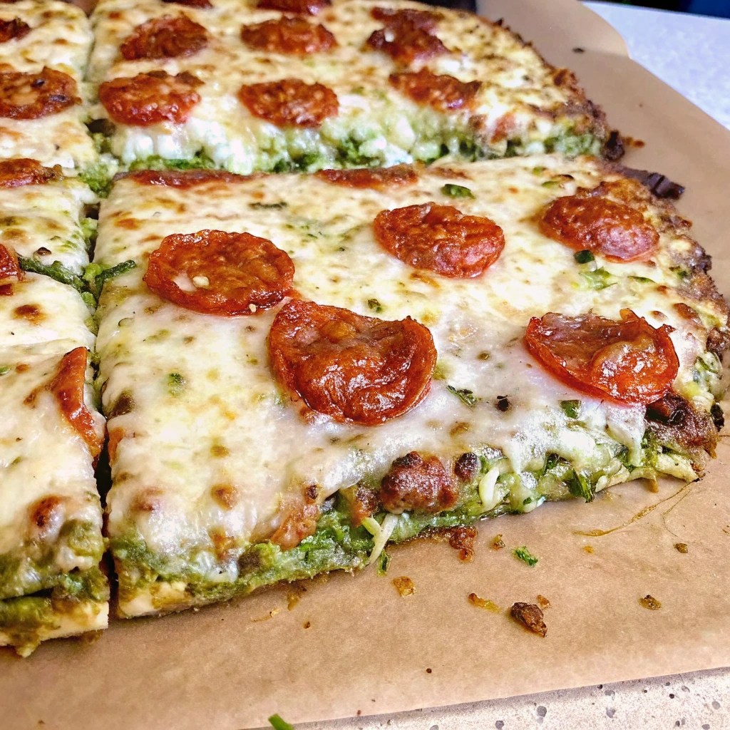 Broccoli crust pizza with melted cheese and pepperoni slices on parchment paper