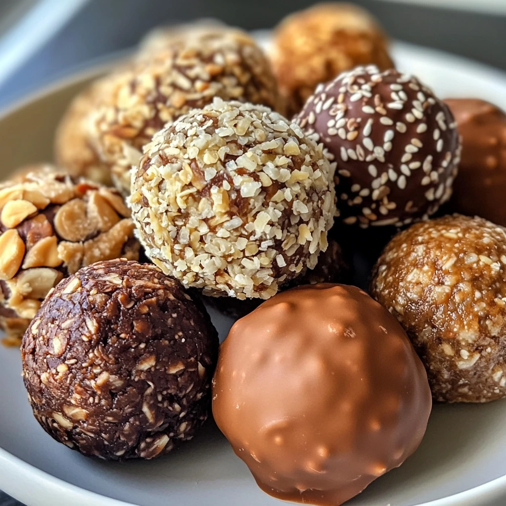 Variety of chocolate peanut butter protein balls with different coatings like oats, sesame seeds, coconut, and chocolate