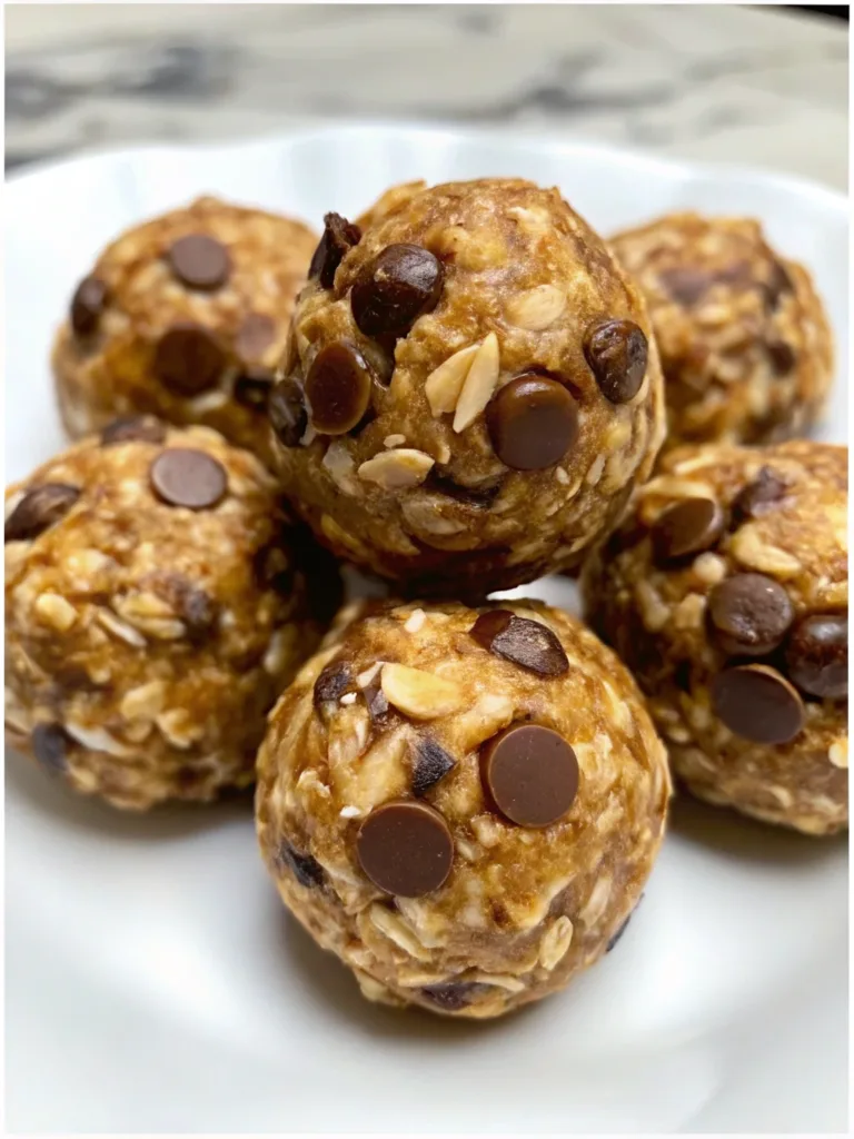 Chocolate peanut butter protein balls made with oats and chocolate chips on a white plate