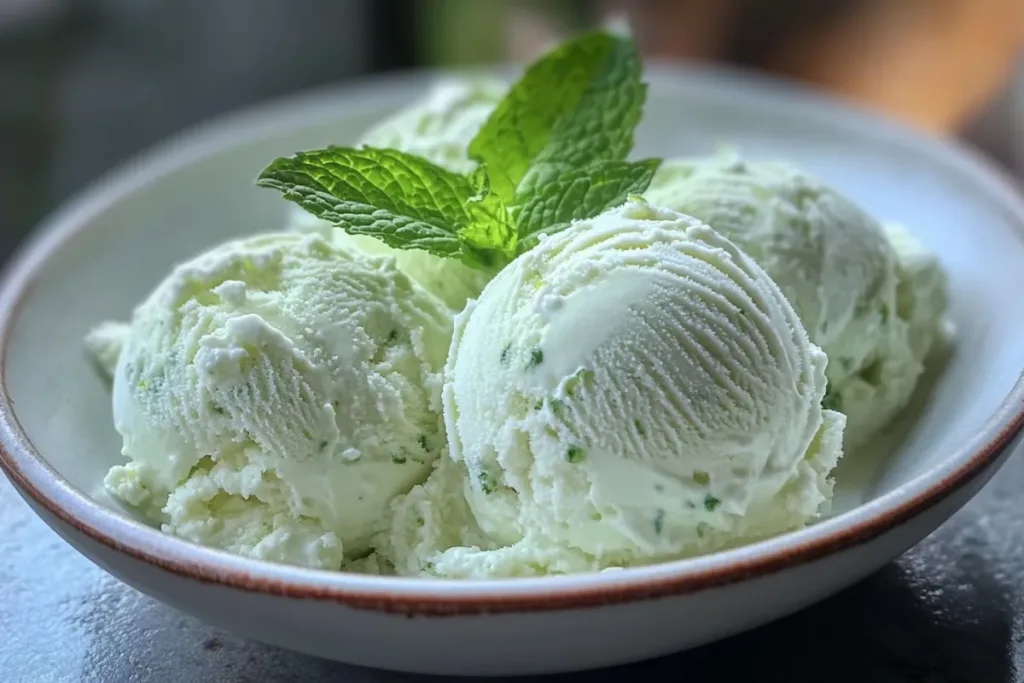 Cottage cheese mint ice cream in a white bowl topped with a fresh mint leaf