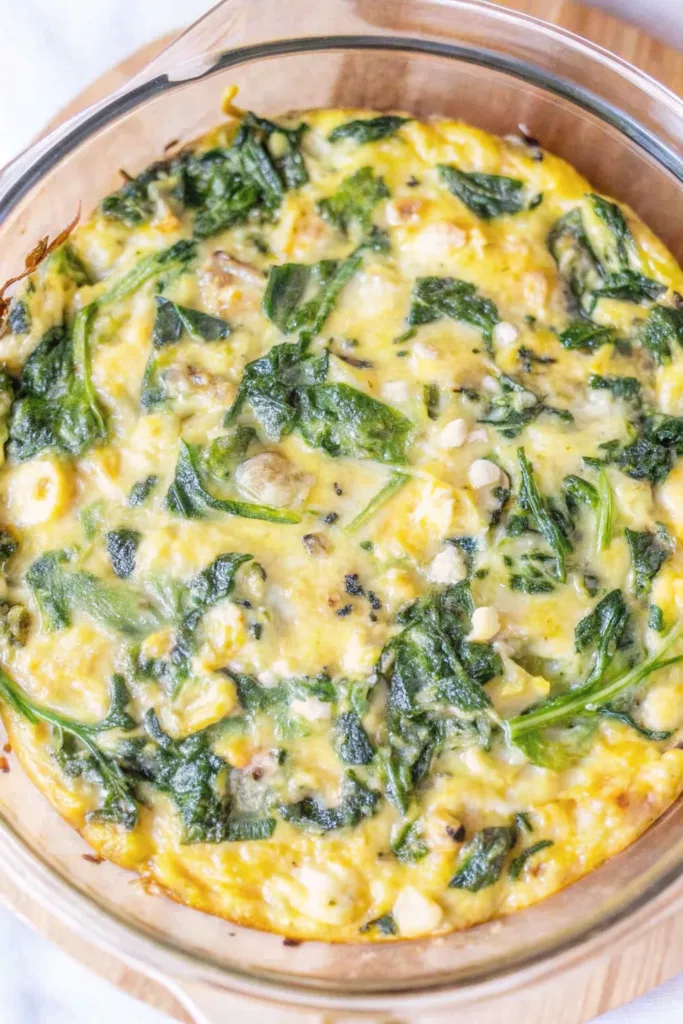 Crustless quiche feta spinach baked with eggs, fresh spinach, and feta cheese in a glass dish