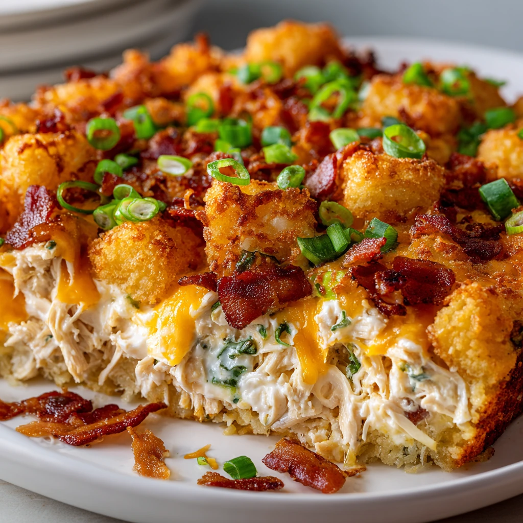 Easy jalapeño popper chicken casserole with shredded chicken, cream cheese, bacon, cheddar, and tater tots