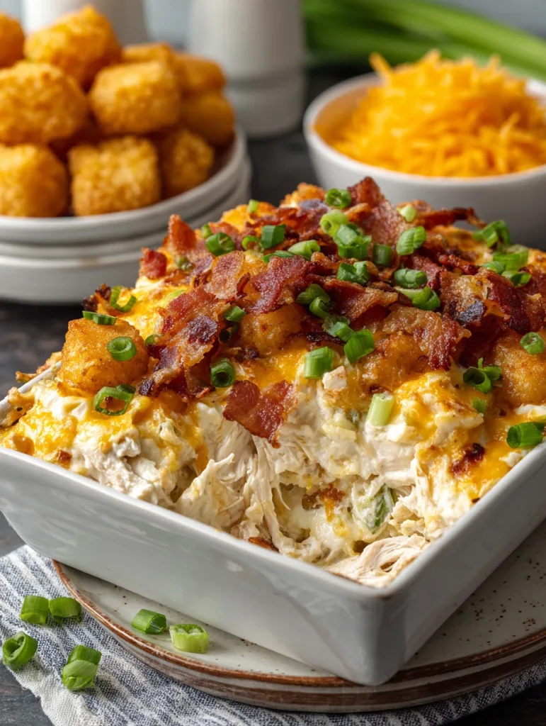 Easy Jalapeño Popper Chicken Casserole – The Ultimate Bake With A Kick 5 Easy jalapeño popper chicken casserole with shredded chicken, cheddar cheese, tater tots, bacon, and green onions