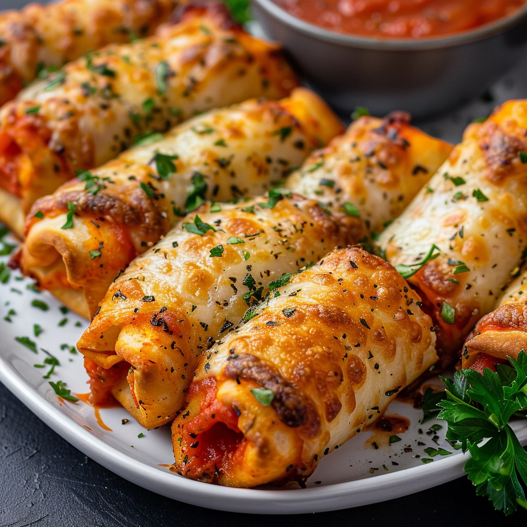 Cheesy Keto Pizza Roll Ups with melted mozzarella and herbs on a white plate