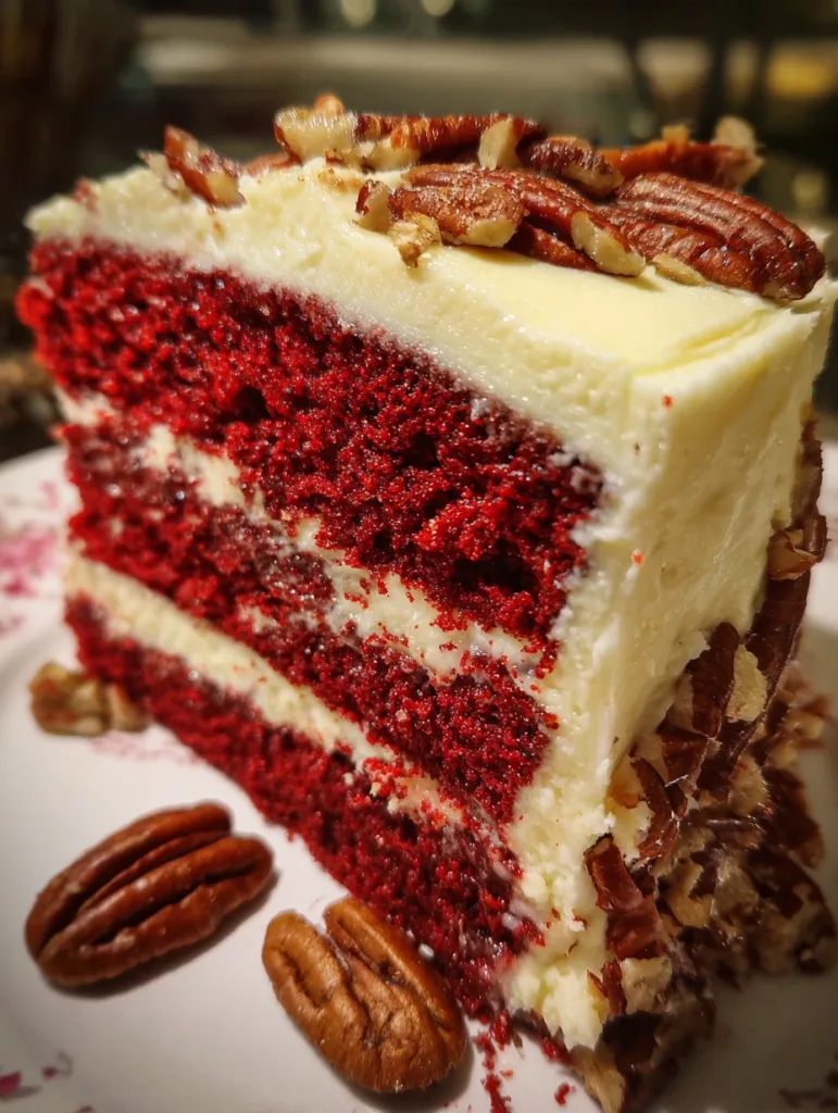 Close-up of a keto red velvet cake slice with cream cheese frosting and pecans on top and sides