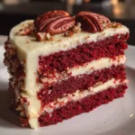 Slice of keto red velvet cake with cream cheese frosting, topped with pecans and served on a white plate