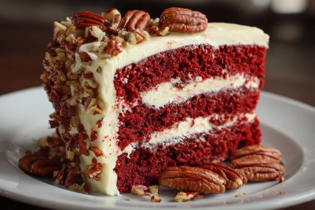Slice of keto red velvet cake with cream cheese frosting, topped with pecans and served on a white plate