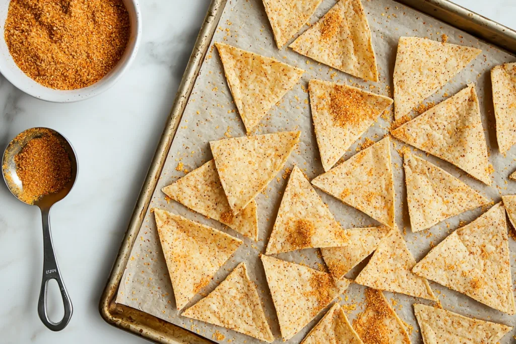 Unbaked keto tortilla chips on a parchment-lined baking tray sprinkled with seasoning

