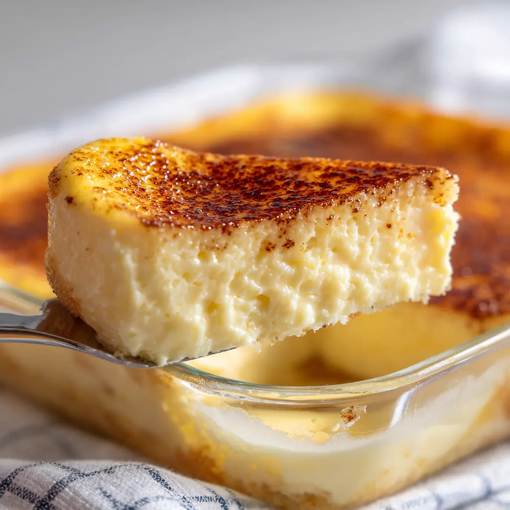 Slice of creamy keto custard being served from a glass baking dish