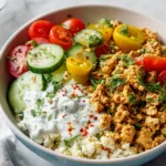 Low-Carb Turkey Gyro Bowls: A Meal You’ll Love 7 Low-Carb Turkey Gyro Bowls with ground turkey, tzatziki sauce, cucumbers, tomatoes, and cauliflower rice in a white bowl