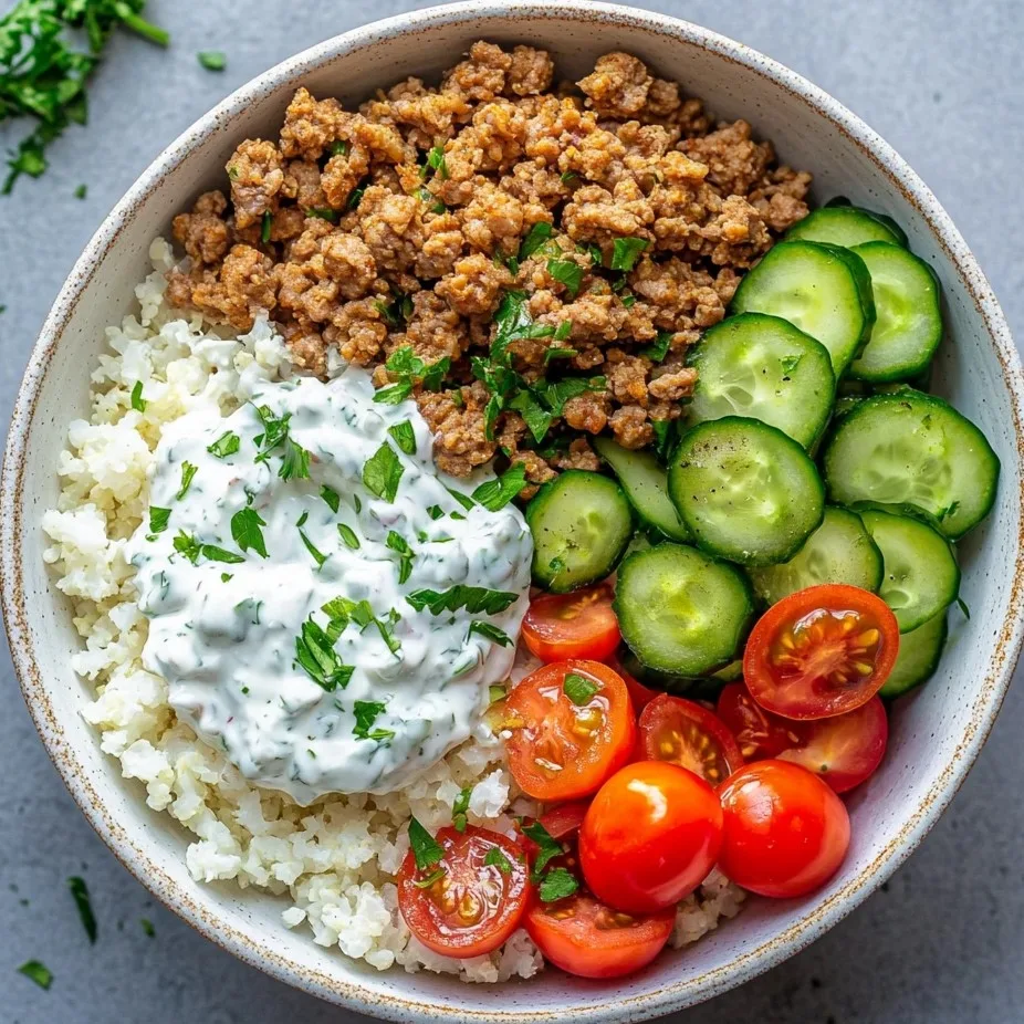 Low-Carb Turkey Gyro Bowls: A Meal You’ll Love 5 Low-Carb Turkey Gyro Bowl with ground turkey, tzatziki sauce, cucumbers, cherry tomatoes, and cauliflower rice in a white bowl