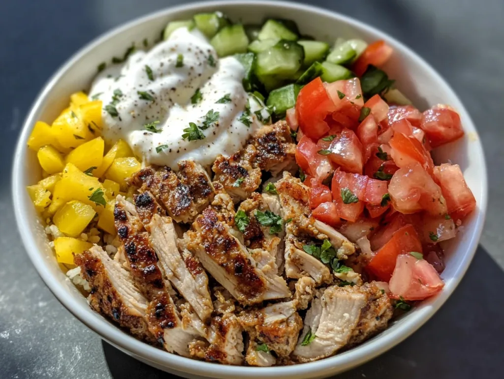 Low-Carb Turkey Gyro Bowls: A Meal You’ll Love 6 Low-Carb Chicken Gyro Bowl with grilled chicken, tzatziki, cucumbers, tomatoes, and cauliflower rice in a white bowl