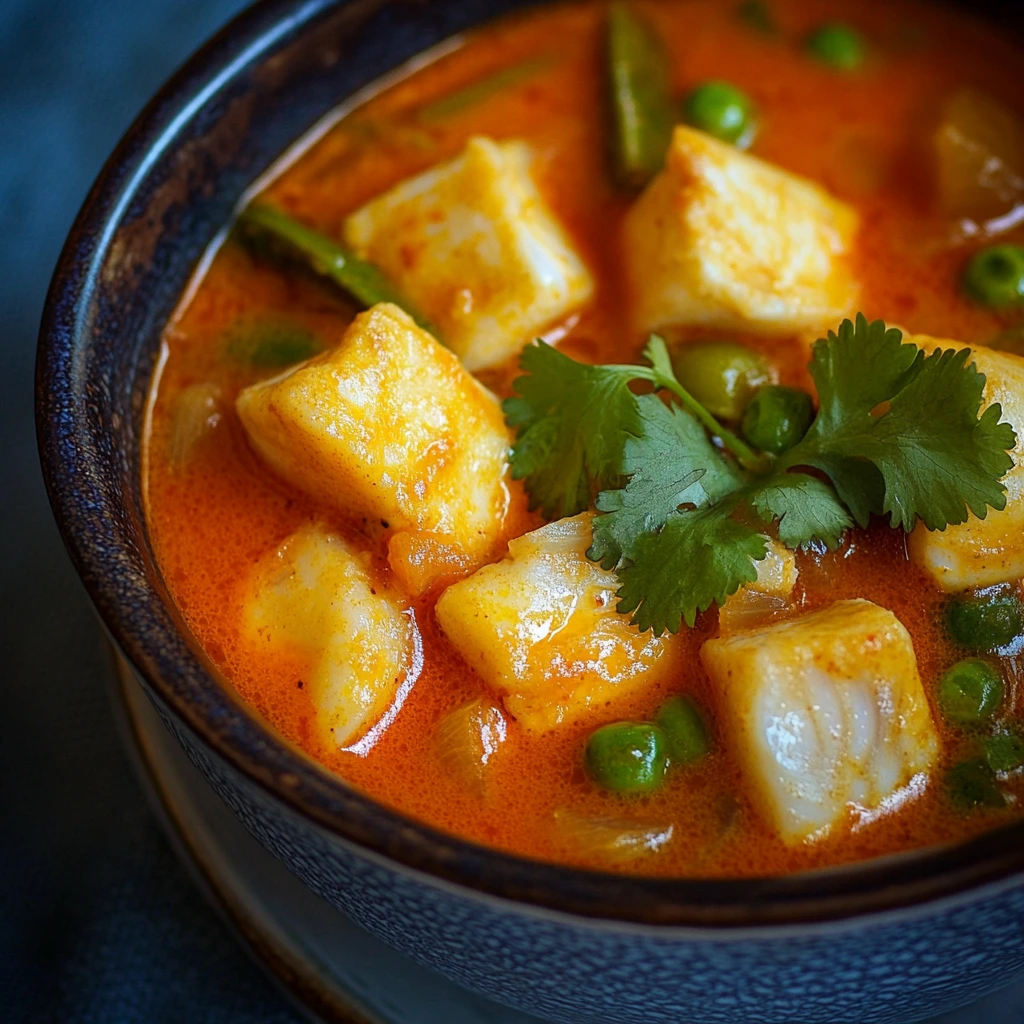 Close-up of Red Thai Fish Curry with tender white fish cubes, green peas, and fresh cilantro in a creamy red curry coconut sauce.