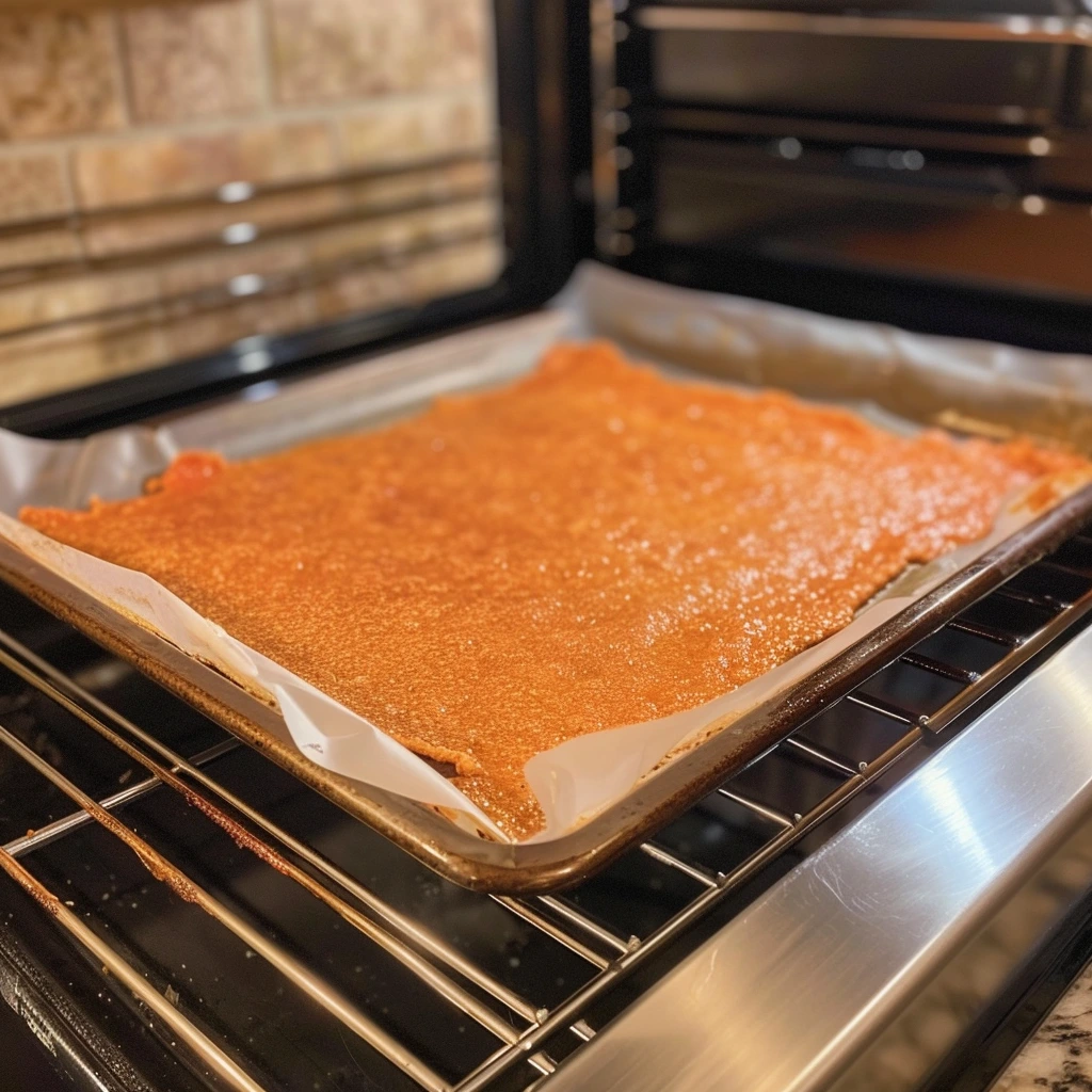 Flattened chicken chips dough prepared with spices and rolled thin between parchment paper using a rolling pin, ready to bake into crispy chicken chips.