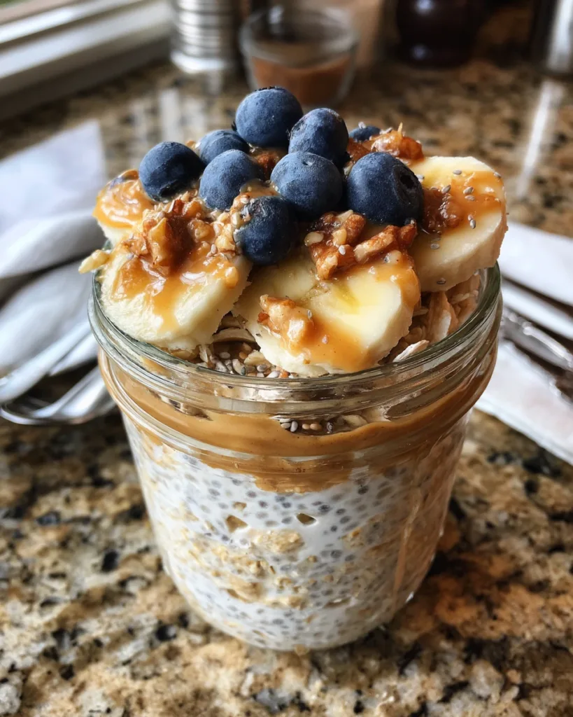 Glass jar of chia overnight oats layered with banana slices, blueberries, peanut butter, and caramel sauce.
