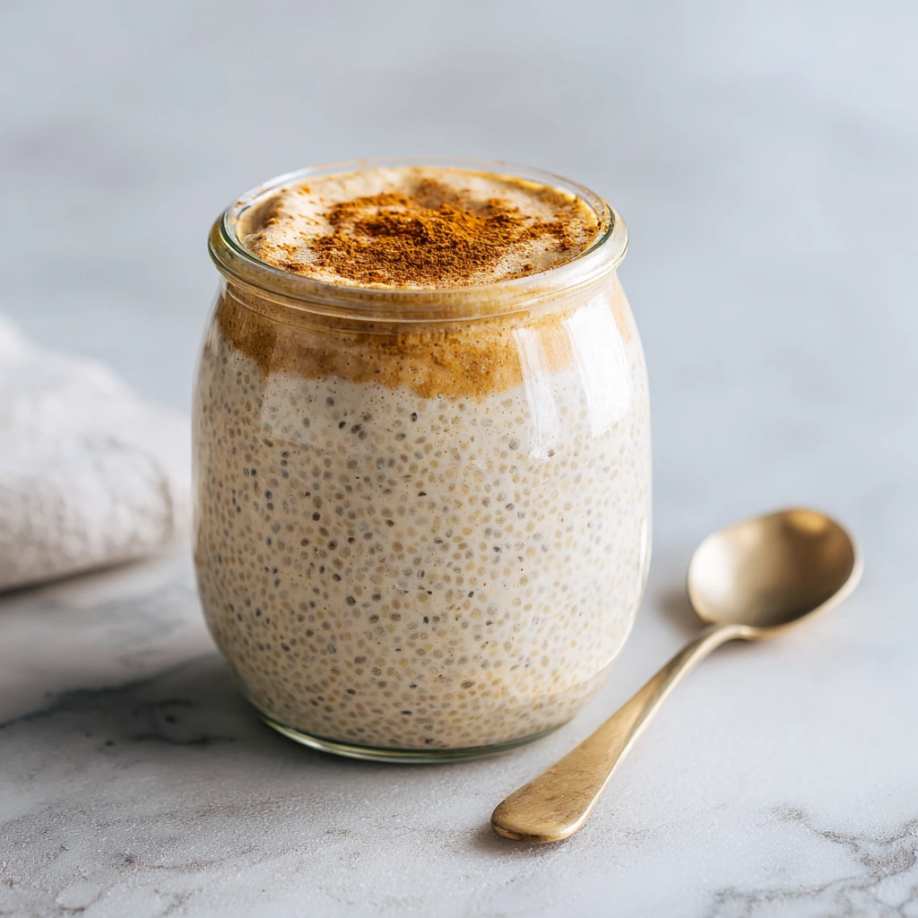Glass jar of chia seed pudding topped with cinnamon, served with a gold spoon.
