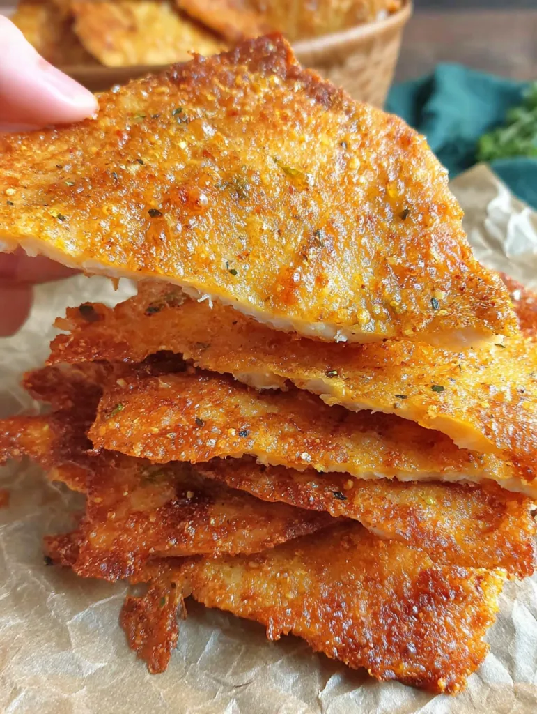Stack of crispy golden chicken chips held in hand above parchment paper
