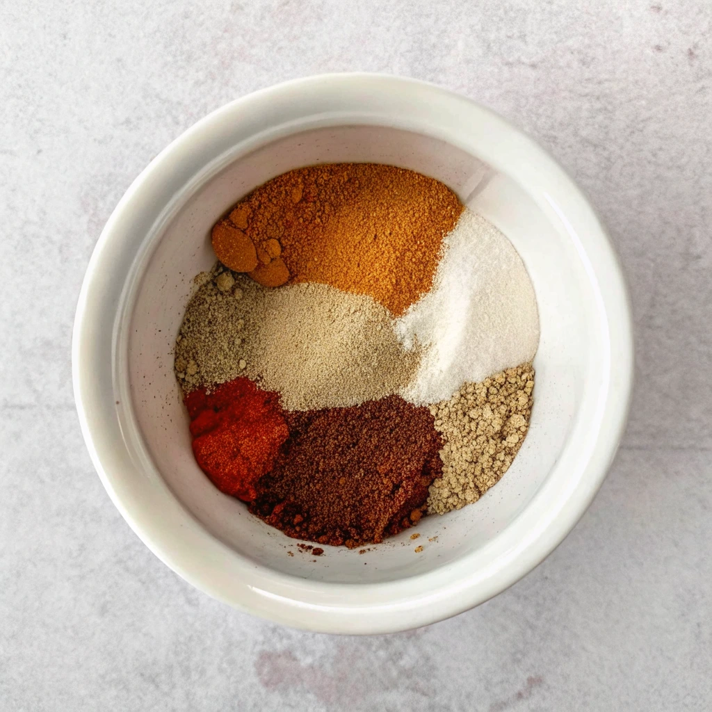 Bowl of chicken chips spices including paprika, turmeric, garlic powder, and pepper