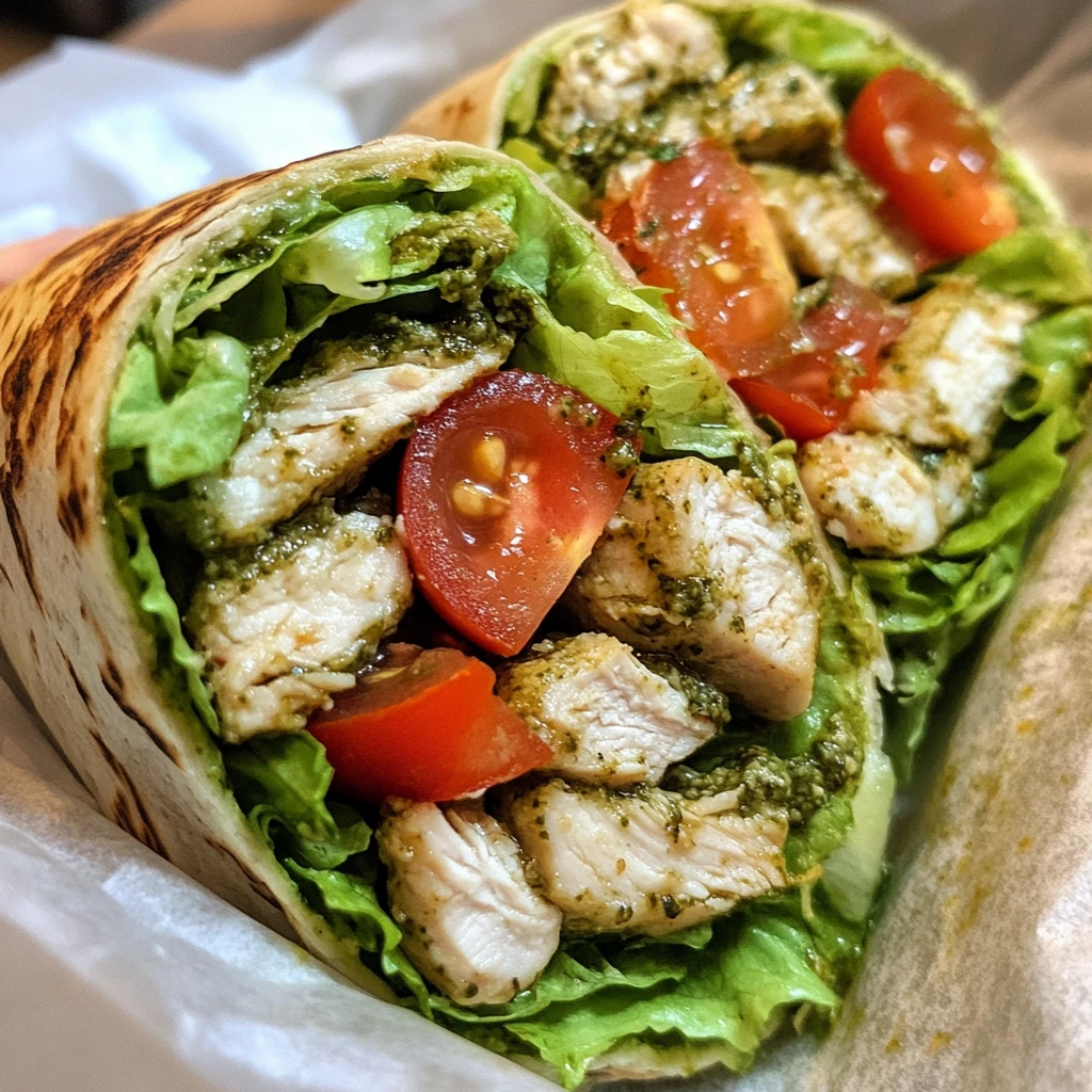 Chicken Pesto Wrap – Best 7-Step Recipe for Healthy Eating 6 Chicken pesto wrap with grilled chicken, lettuce, tomatoes, and pesto