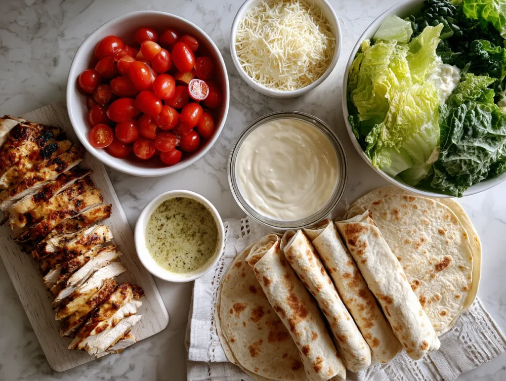 Chicken Pesto Wrap – Best 7-Step Recipe for Healthy Eating 5 chicken pesto wrap ingredients including grilled chicken, romaine, and pesto