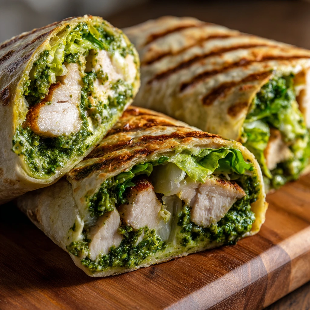 chicken pesto wrap with grilled chicken, pesto, and fresh veggies