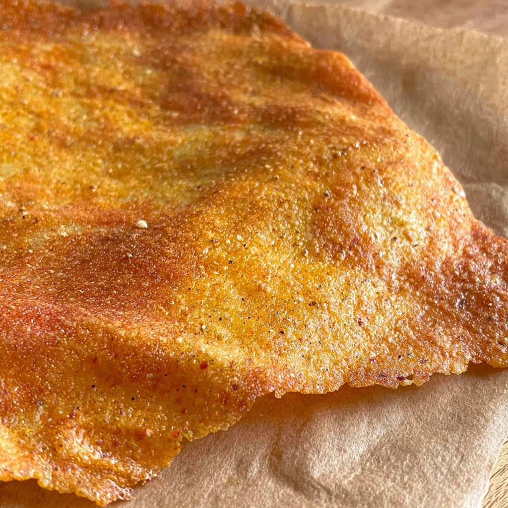Close-up of crispy golden baked chicken chips on parchment paper