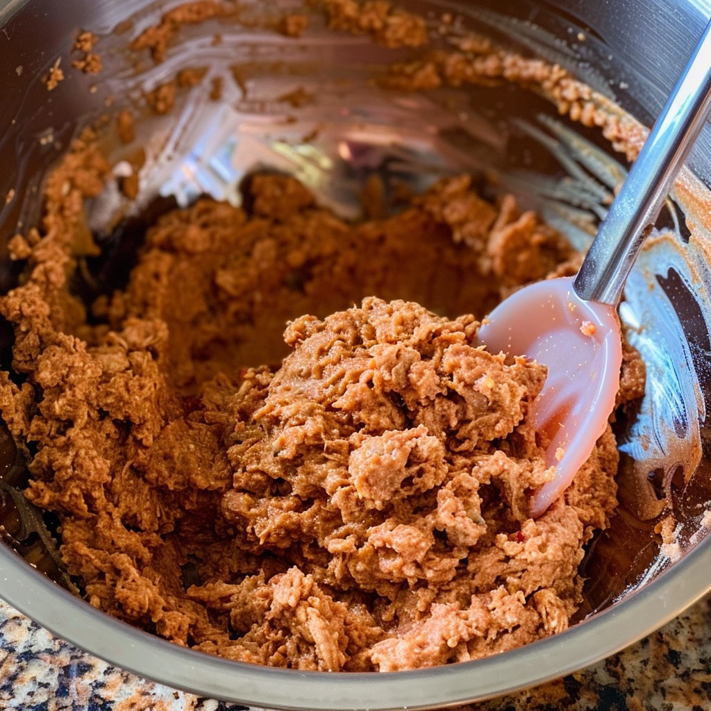 Seasoned ground chicken mixture in a stainless steel bowl with a spatula