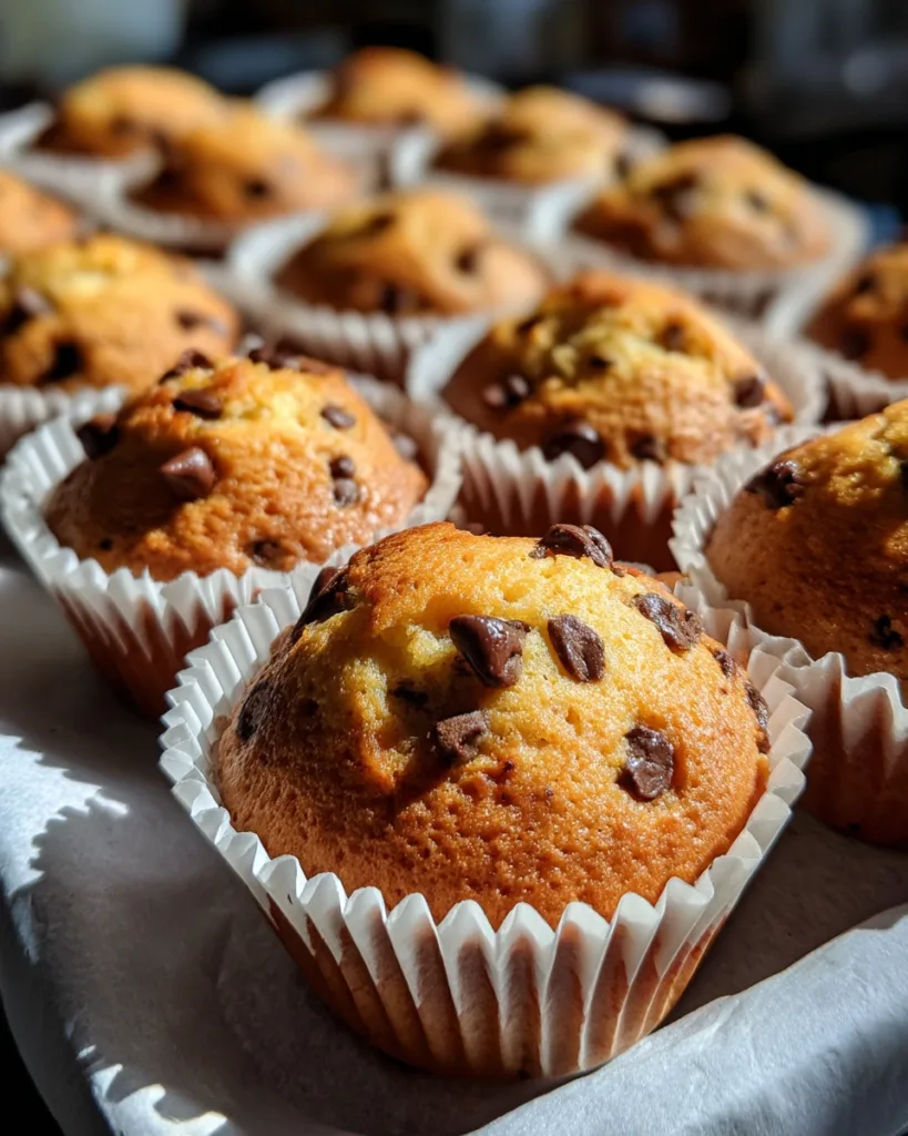 High-protein chocolate chip muffins in white liners, golden brown with chocolate chips on top