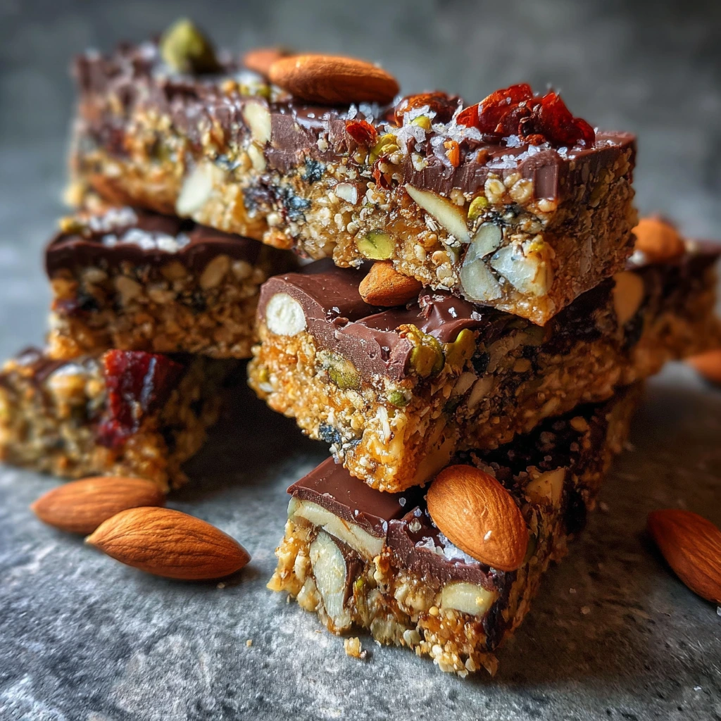 Chocolate granola bars with almonds, seeds, and cranberries stacked on a dark surface