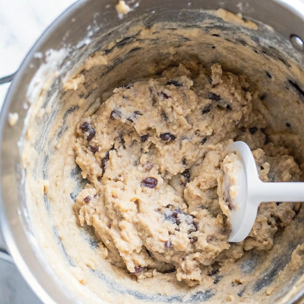 Keto cowboy cookies dough with chocolate chips in a metal mixing bowl