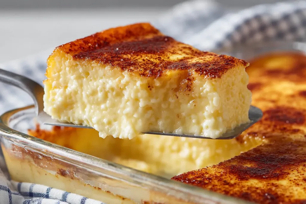 Slice of creamy keto custard being served from a glass baking dish