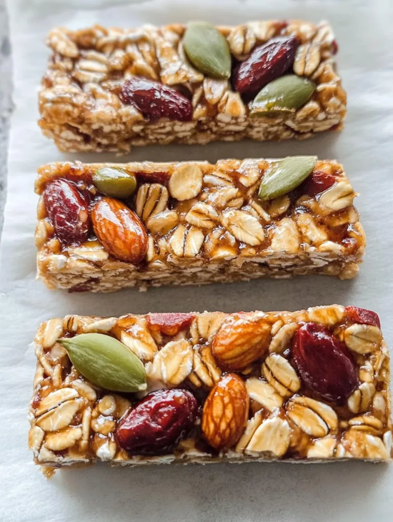 Keto granola bars with almonds, cranberries, pumpkin seeds, and oats on parchment