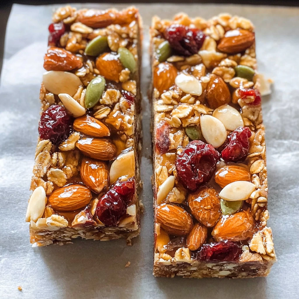 Keto granola bars with almonds, pumpkin seeds, and cranberries on parchment paper