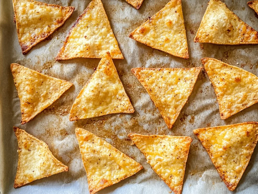 Freshly baked golden keto tortilla chips on a parchment-lined baking tray