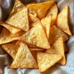 Crispy homemade keto tortilla chips stacked in a bowl lined with parchment paper