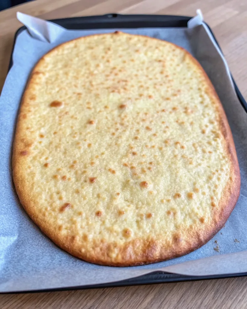 2-Ingredient Cottage Cheese Flatbread – Best Easy Recipe 9 Oven-baked golden cottage cheese flatbread on parchment paper