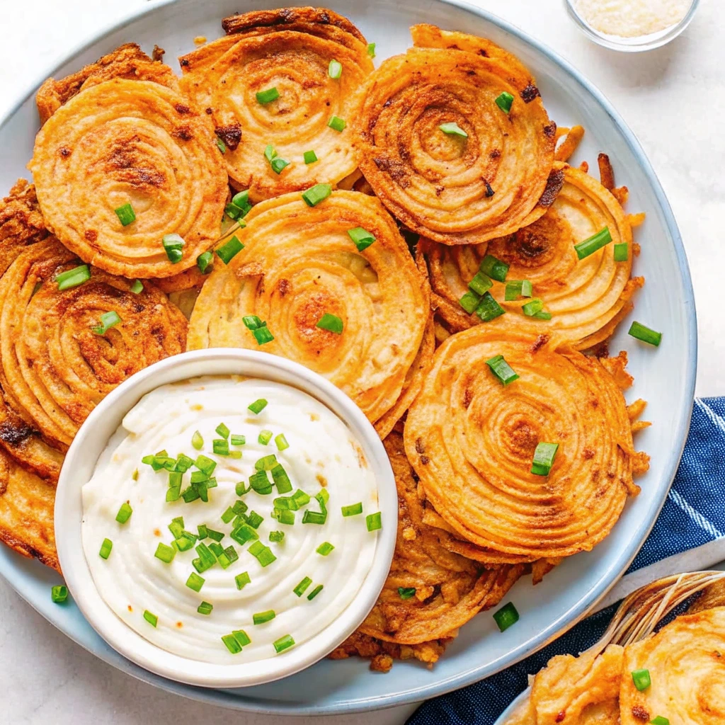 Crispy parmesan-crusted onion rings served on a plate with creamy dipping sauce and fresh chopped chives