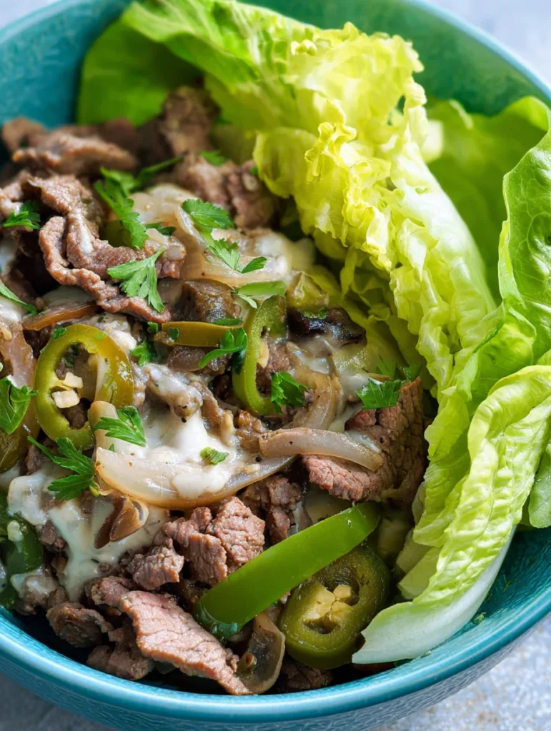 Philly Cheesesteak Lettuce Wraps – Easy Low-Carb Recipe 4 Philly Cheesesteak Lettuce Wrap served in a turquoise bowl