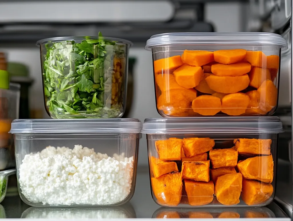 Meal prepped sweet potato cottage cheese bowls